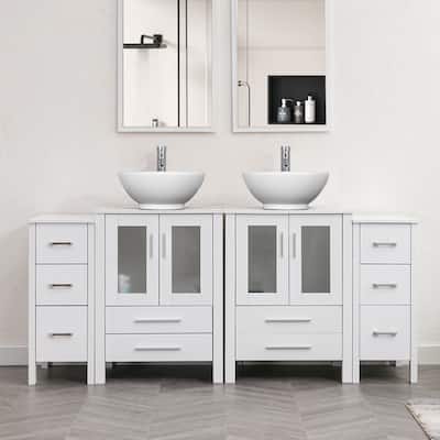 72" Bathroom Vanity Set Glass Ceramic Vessel Sink Side Cabinet Combo
