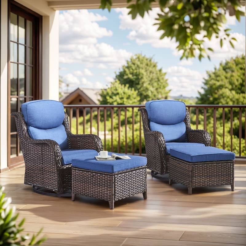 4 Pieces Outdoor Gliders Swivel Chairs Ottomans with 5-Inch Thick Cushions - Brown Rattan - Blue Cushion - 4PCS Swivel Chairs with Ottoman