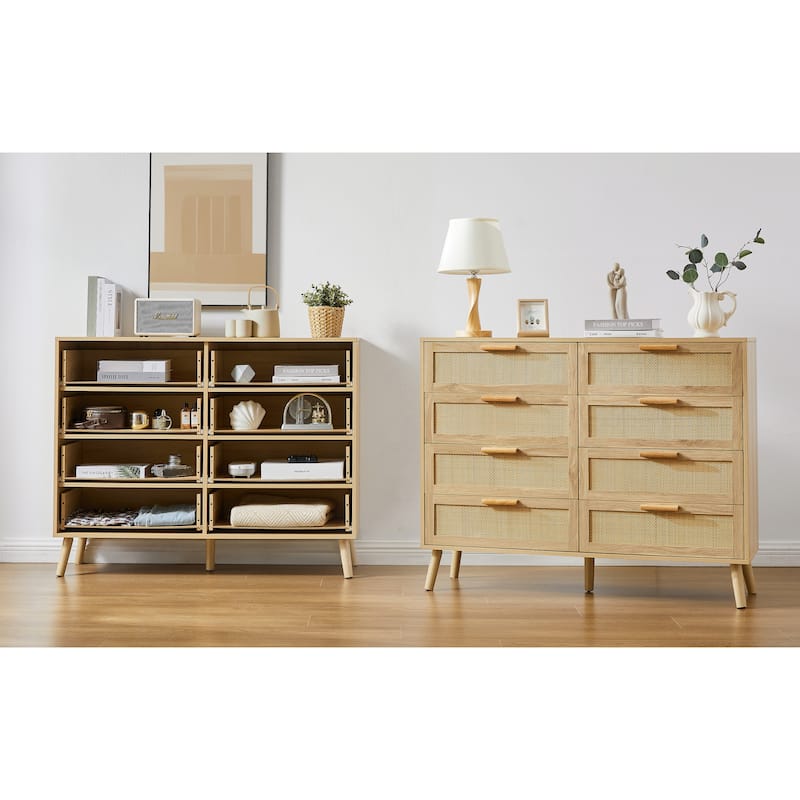 Bedroom dresser,8 Double Dresser with rattan drawers, wood chest of drawers, 47.2''W x 15.8''D x 37.4''H