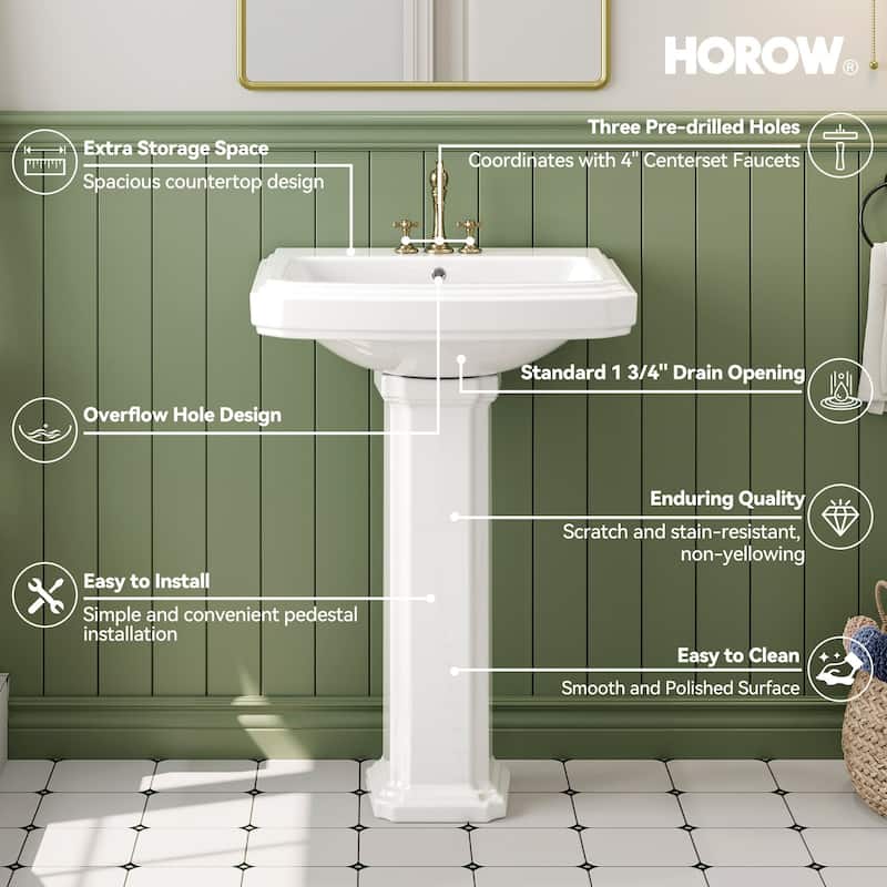 HOROW 23 in. W x18.5 in. D Rectangular Ceramic Pedestal Combo Bathroom Sink in White with Overflow Drain and 3-Faucet Holes