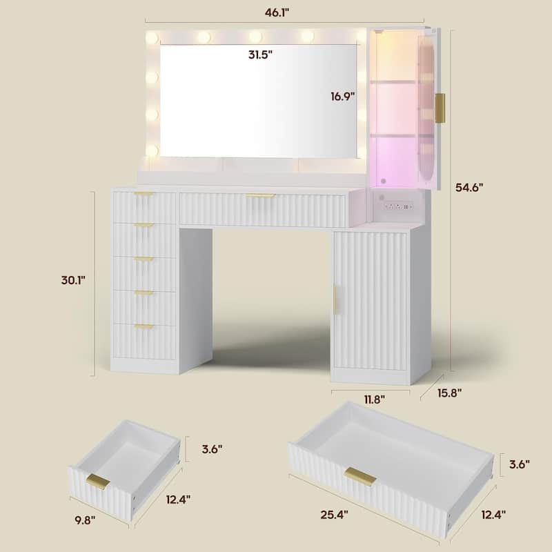 Makeup Vanity Desk Mirror LED Lights Charging Station RGB Lights Drawers Cabinet