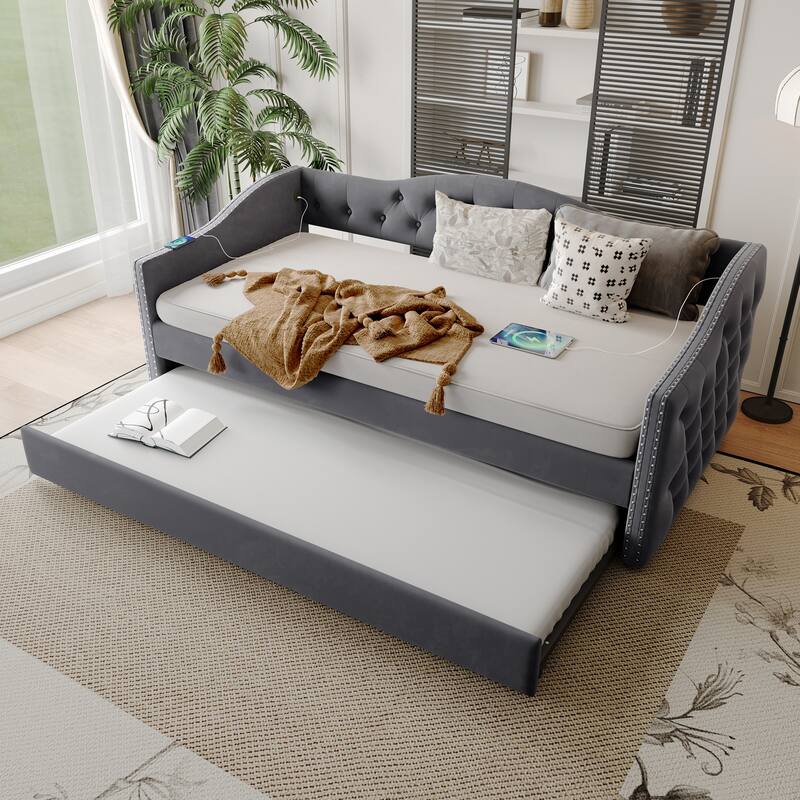 Twin Size Upholstered Daybed with Trundle, USB Charging, Wood Slat Support & Plush Velvet Fabric - Gray