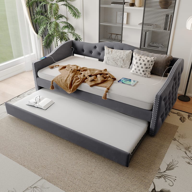 Twin Size Upholstered Daybed with Trundle and USB Charging Design, Sturdy Wood Slat Support, Wood Bed Frame,Plush Velvet Fabric