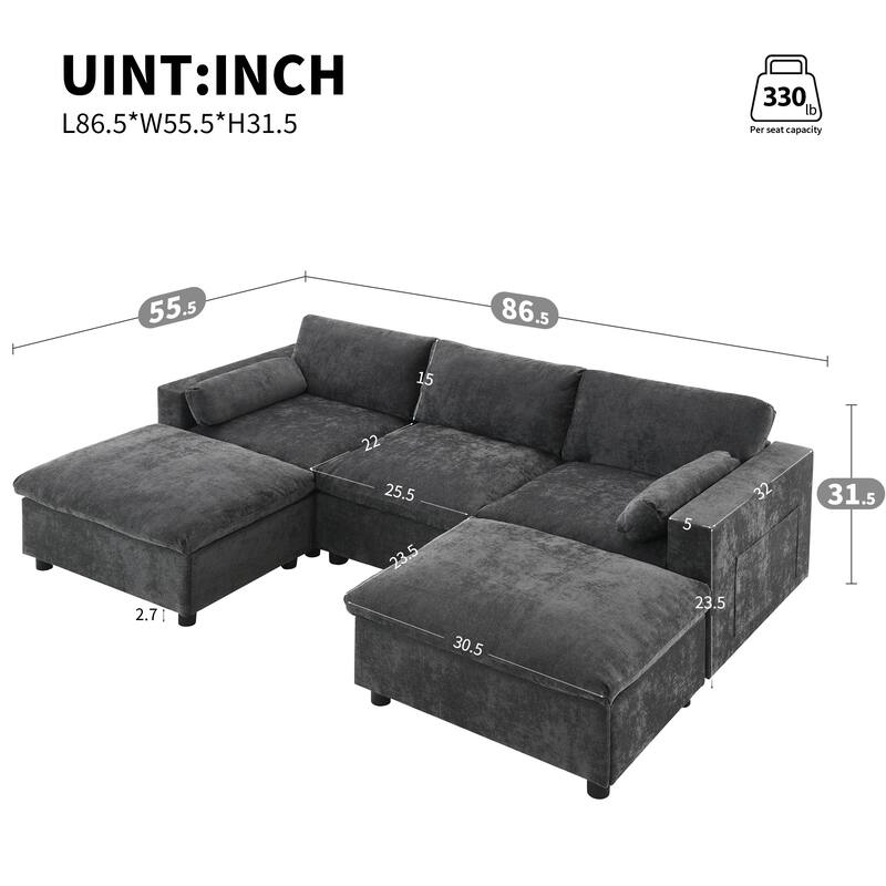86.5" Chenille Modular Sofa with Storage Pockets, Movable Ottomans