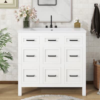 36 inch Freestanding Bathroom Vanity Set in White with Integrated Resin Sink
