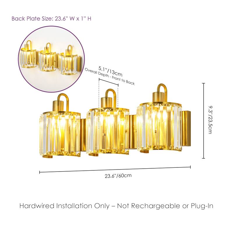 3-Light Modern Luxury Metal & Crystal Vanity Wall Light for Bathroom