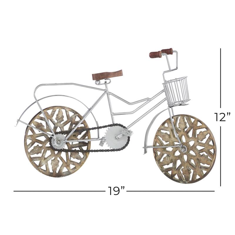 Metal Bike Decorative Sculpture with Carved Wood Wheels - White, Brown, Gold - Roche River Decor