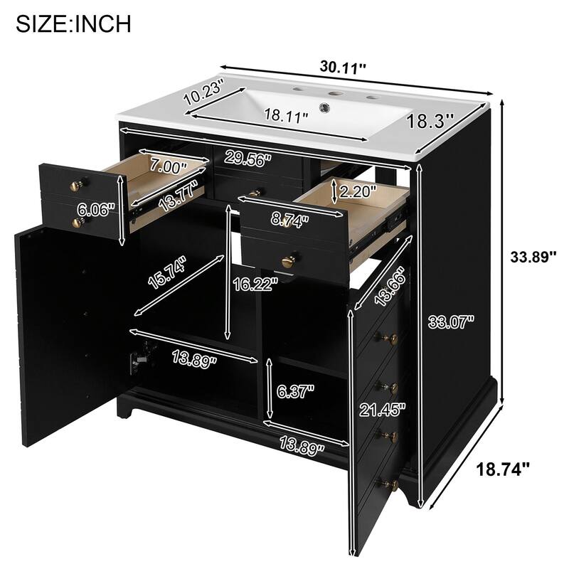 GDFStudio - Marwick Modern Freestanding Bathroom Vanity Set with Ceramic Sink and 2 Storage Drawers & Soft Closing Doors