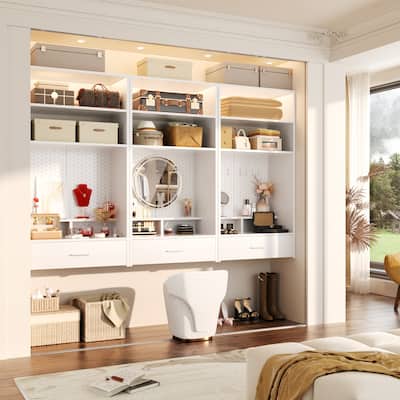 25'' W Hanging Closet System with Vanity Desk, Closet Organizer with Wood Drawer and Storage Shelves and Magnetic Pegboard