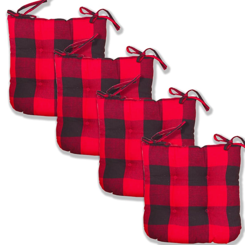 Fabstyles Tufted Buffalo Check Cotton Set of 4 Chairpads with Ties - 16x16 - Red