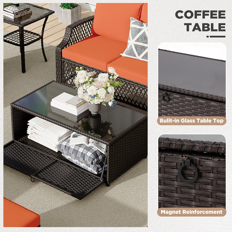 Outdoor Wicker Patio Set w Swivel Chairs & Sofa, Ottomans and Tables, Modular 3/5/6/7-Piece, All-Weather Conversation Set.