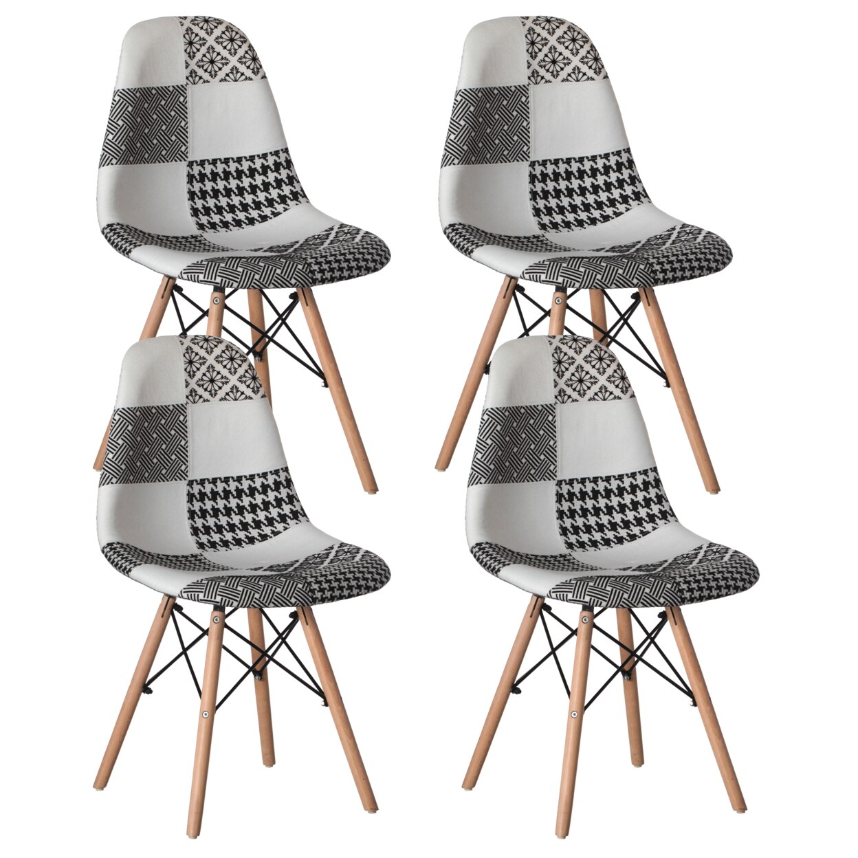 Modern Fabric Patchwork Chair With Wooden Legs For Kitchen Dining Room Entryway Living Room With Black And White