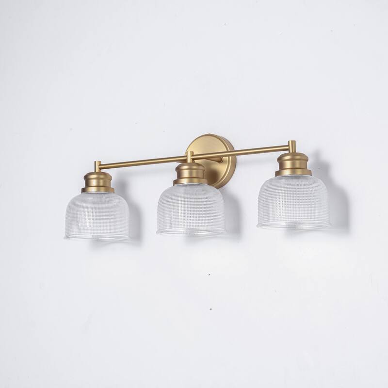 23.8" W 3-Light Retro Industrial Gold Bowl-Shaped Bathroom Vanity Light with Clear Chequered Textured Glass Shades
