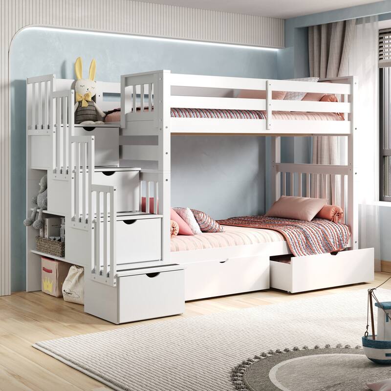 Taylor & Olive Trillium Tall Twin over Twin Stairway Bunk Bed, Drawers - White
