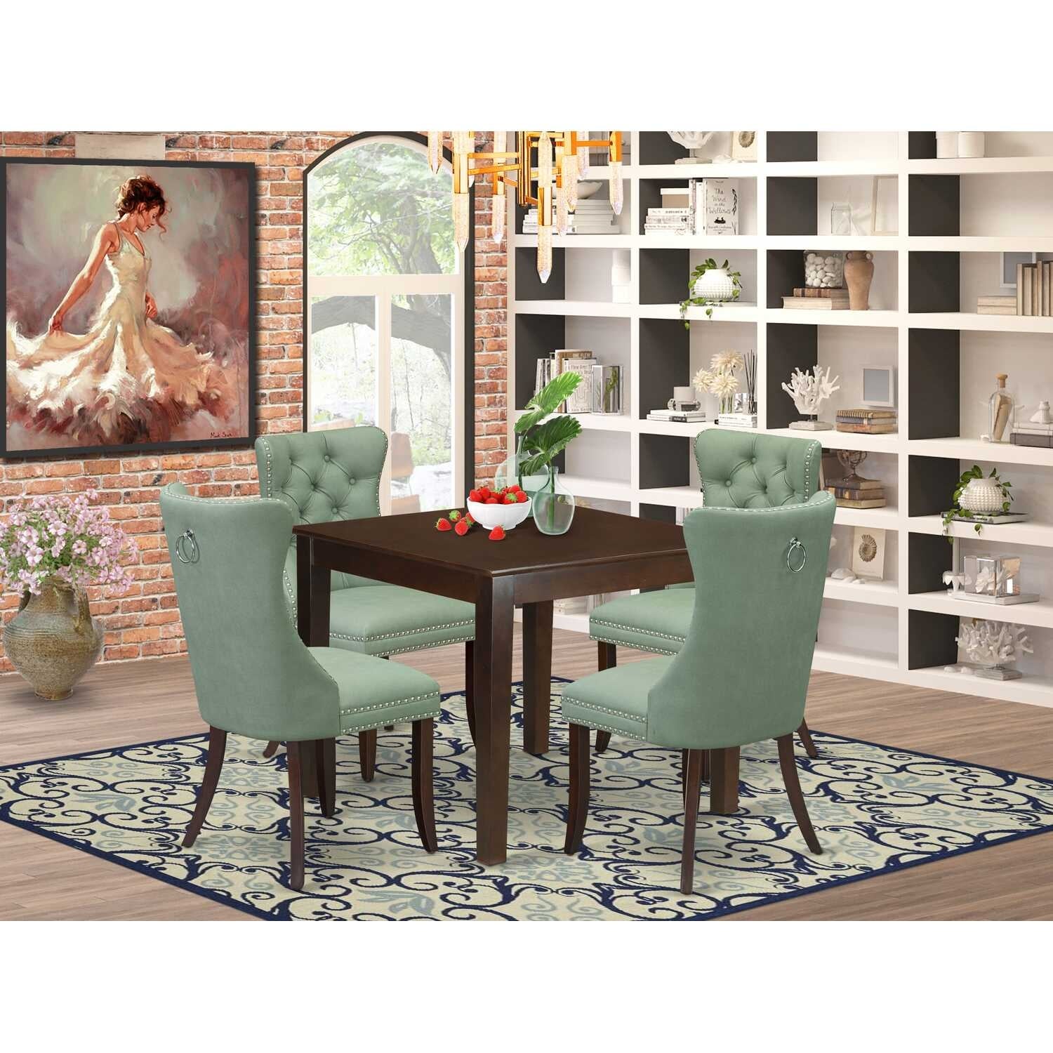 5-Piece Mahogany Finish Solid Wood Top - Square Upholstered Dining Room Set - Seats 4
