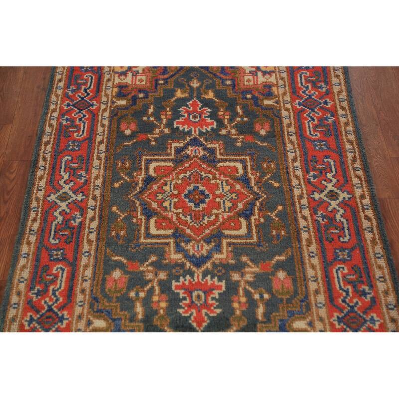 Teal Geometric Heriz Serapi Indian Foyer Rug Handmade Wool Carpet - 2'11"x 5'2"