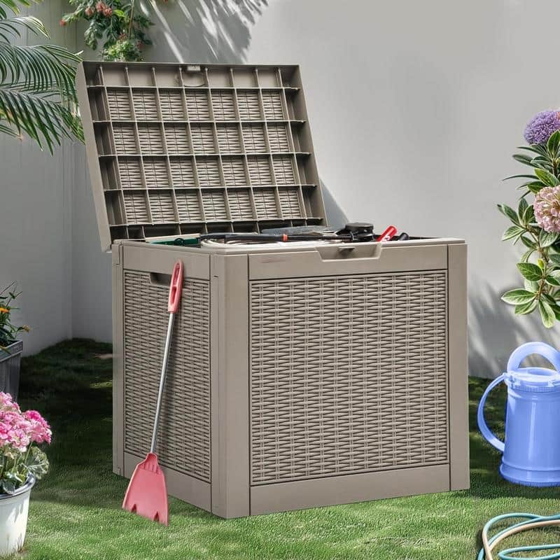30 Gallon Outdoor Storage Box with Woodgrain or Rattan Effect /Durable, Weatherproof, UV Protected, Easy to Assemble - 30GAL