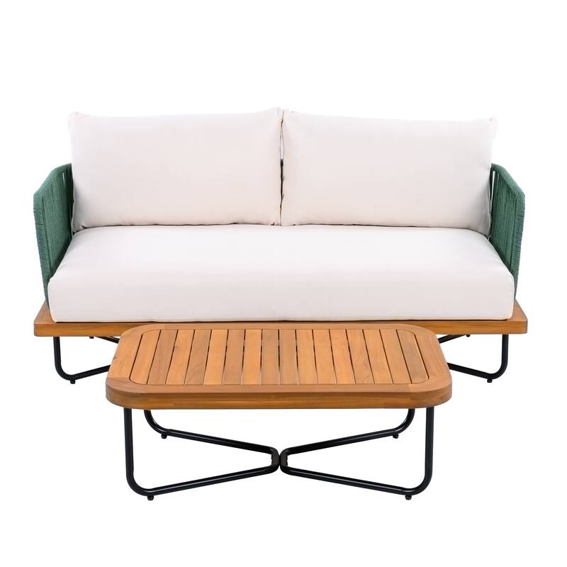 Christopher Knight Home - Jason Outdoor Acacia Wood Loveseat With Table - Teak finish+Beige cushion+Green rope
