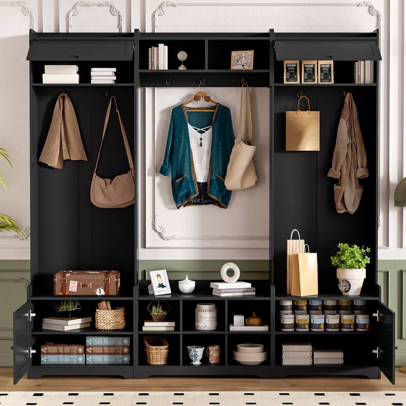 4-in-1 Entryway Bench with 8 Cubbies, 7 Coat Hooks & Adjustable Shelf,Modern Hall Tree with Shoe Storage