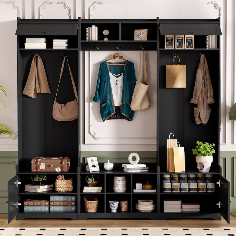 79.1" Wide Modern Hall Tree with Shoe Storage, 8 Cubbies & 7 Coat Hooks - Entryway Bench with Adjustable Shelf