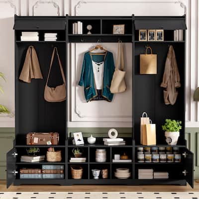 79.1" Wide Modern Hall Tree with Shoe Storage, 8 Cubbies & 7 Coat Hooks - Entryway Bench with Adjustable Shelf