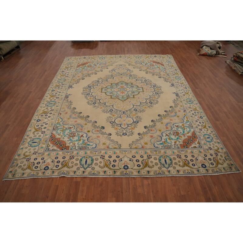 Hand Knotted Oriental 100% Wool Carpet Traditional Floral Beige & Ivories Tabriz Area Rug - 12' 3'' X 9' 10''