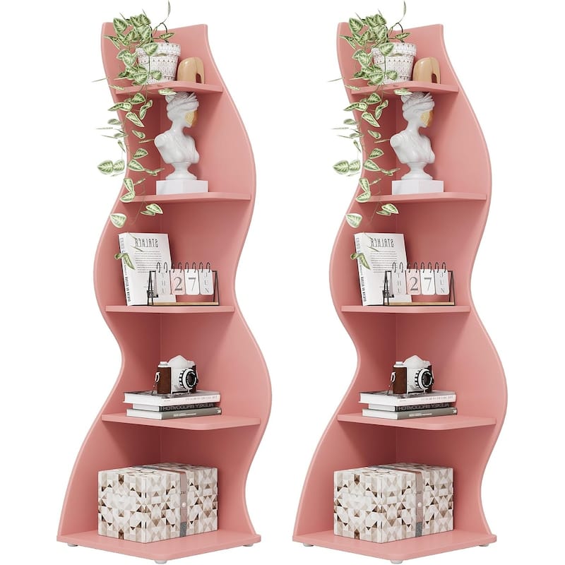 Modern Wood Corner Shelf, 5-Tier Bookshelf Bookcase for Living Room