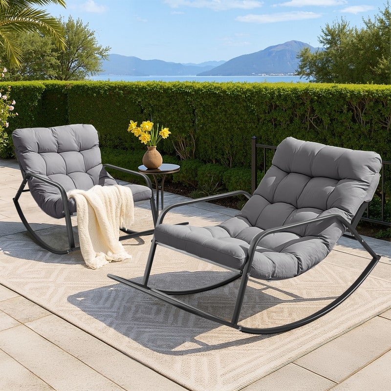 FINCATI Outdoor Patio Oversized Rocking Chair Papasan, Comfy Rocking Lounge Chair, Metal Rocking Chair with Cushion - 2 PCS-Light Grey