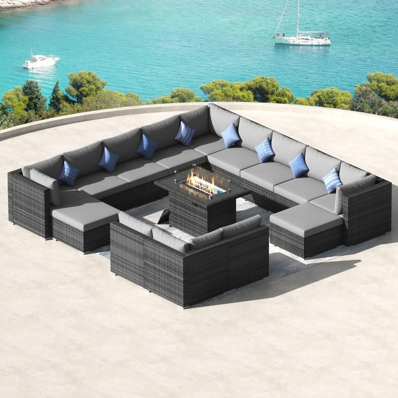FINCATI 15-Piece Grey Wicker Patio Conversation Sofa Set with Ottomans, 43″ Fire Pit Table