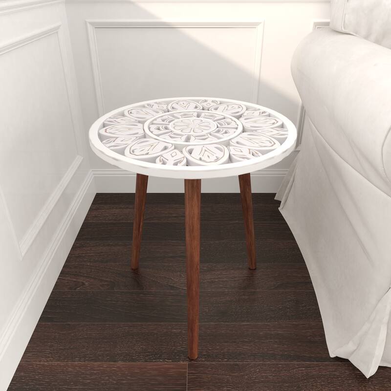 Mango Wood Handmade Intricately Carved Floral Accent Table with Tripod Legs - Dark Brown, White, Brown