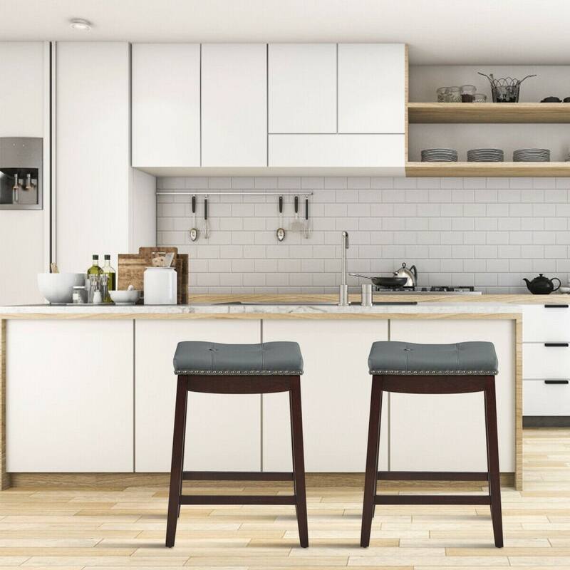 Set of 2 Comfortable Saddle Seat Bar Stool with Rubber Wood Legs and Footrest for Kitchen or Dining - 19" x 14" x 24"(L x W x H)