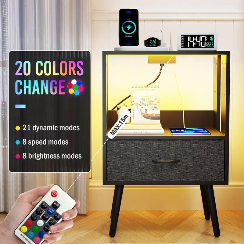 2 Pack Modern Nightstand with Charging Station, Bedside Tables with LED Light and Fabric Drawers