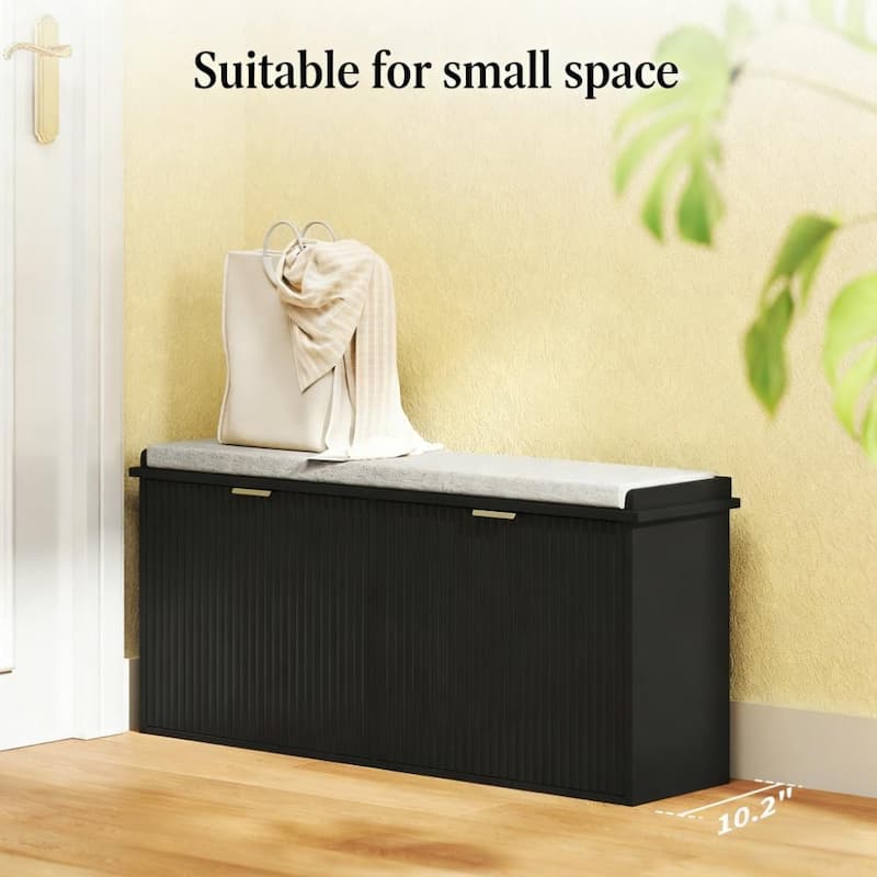 Entryway Storage Bench with Cushioned Seat and 2 Flip Up Shoe Cabinets