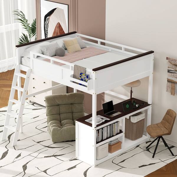 slide 2 of 16, Queen Size Loft Bed with Desk, Open Shelf and Storage Box, USB Charging Station, Wooden Support Bed Frame, No Box Spring Needed White