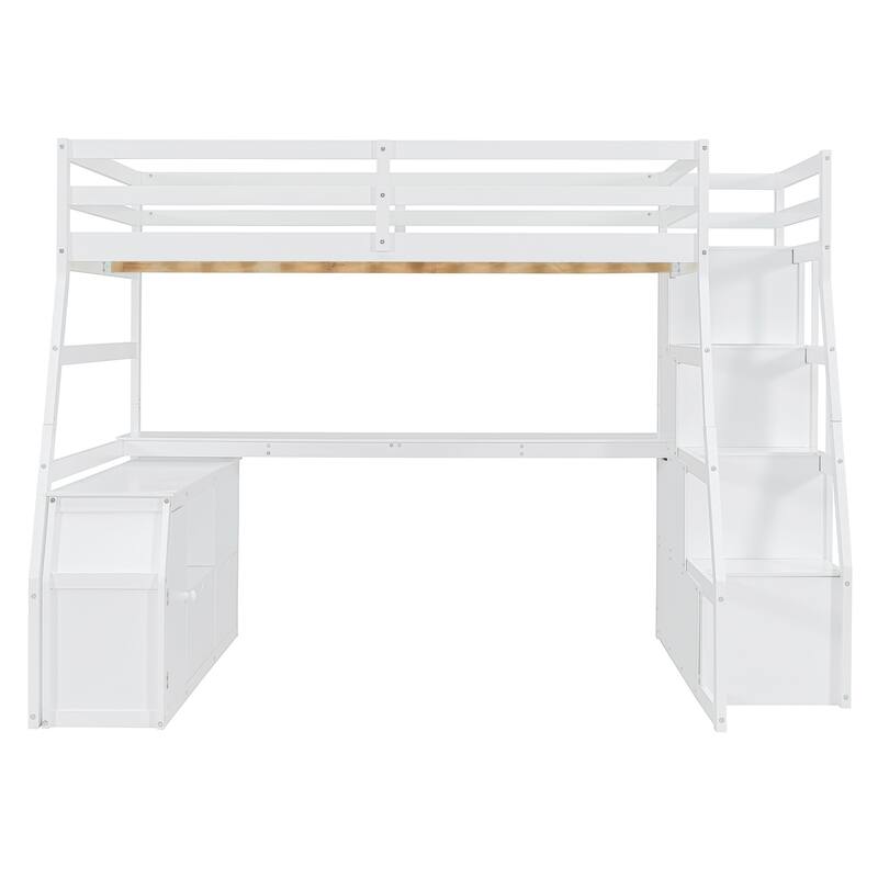Full Size Loft Bed with 7 Drawers, 2 Shelves & Study Desk - White/Espresso/Gray