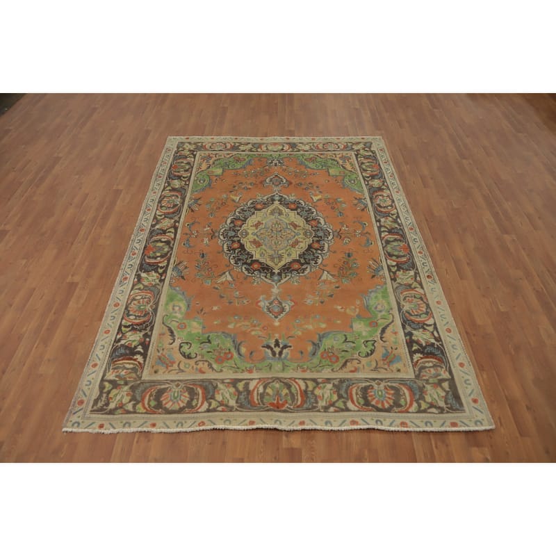 Hand Knotted Oriental 100% Wool Carpet Traditional Floral Oranges & Rust Tabriz Area Rug - 9' 0'' X 6' 5''