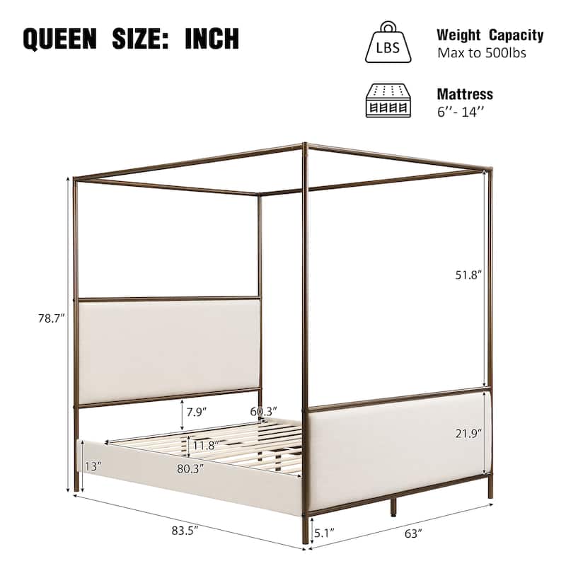 Canopy Bed Frame with Upholstered Headboard and Iron Legs, Low-Profile Platform Bed