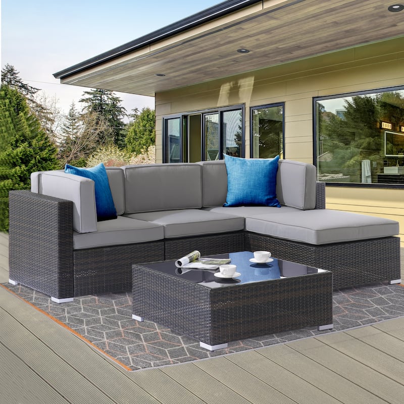 BONOSUKI 5-Piece Outdoor Brown/Gray PE Wicker Patio Conversation Sets, Swivel Rocking Sofa Set with Cushions and Ottomans