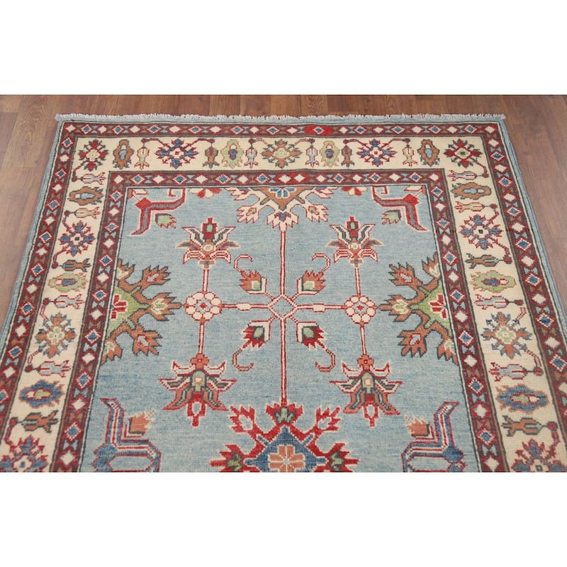 Light Blue Geometric Kazak Oriental Accent Rug Handmade Wool Carpet - 3'10" x 6'5"
