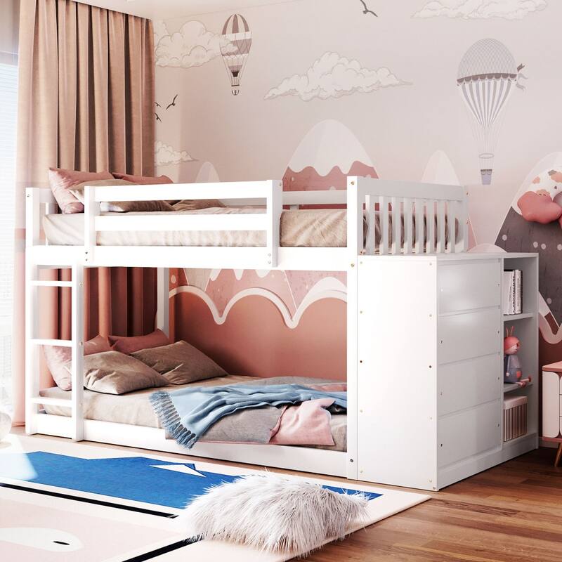 Twin over Twin Bunk Bed with 4 Drawers and 3 Shelves - White
