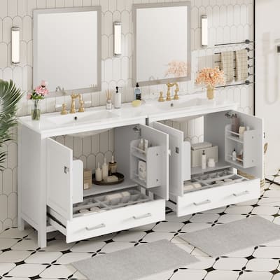 72" Bathroom Vanity with Ceramic Sink, Soft-Close Doors, Double Storage Shelves & Divided Drawers .