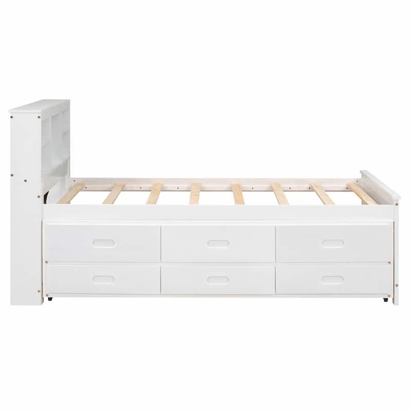 Platform Bed with Storage Headboard, USB Charging Ports, Twin Trundle, 3 Drawers