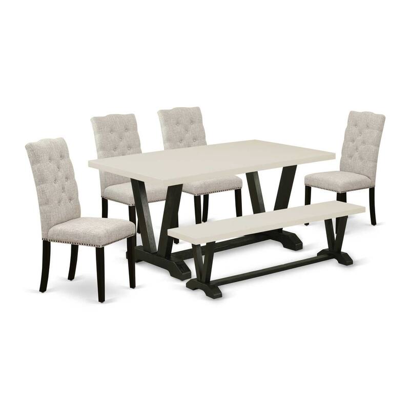 Seaside Style Dinette Set - 6 Piece Kitchen Table & Chair Set - Linen White Parson Chairs & Bench
