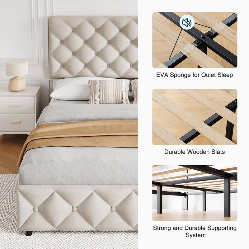 Linen Upholstered Platform Bed Frame Diamond Stitched Button Tufted