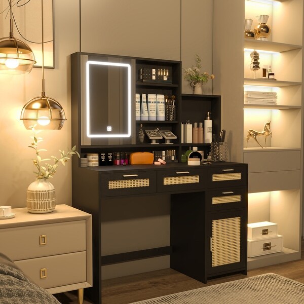 Make Up Vanity with LED Lights and Openable Mirror Rattan Vanity Desk with 4 Drawers 1 Cabinet and Storage Shelves for Bedroom Bed Bath Beyond 40544194