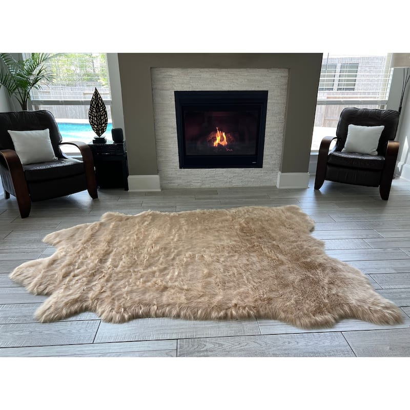 Ovella Home Premium Faux Buffalo Skin Shag Rug - 5' x 6' Animal Shape - Beige