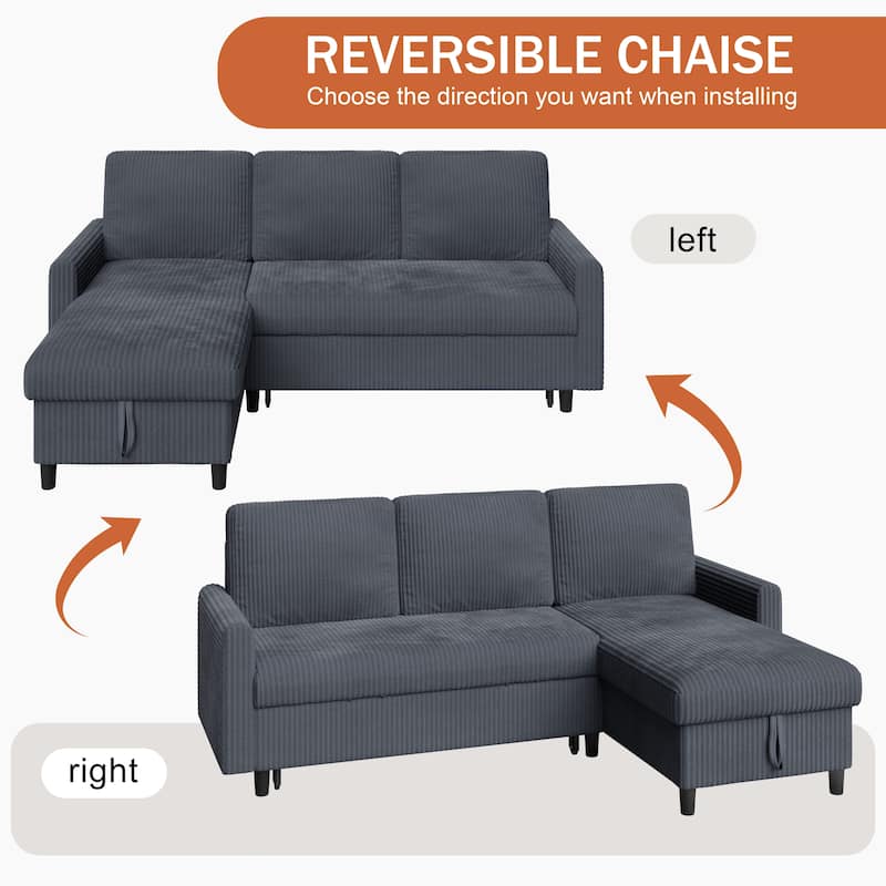 Futzca 3-in-1 Convertible Corduroy Sofa Bed with Storage, L-Shaped Sectional Couch