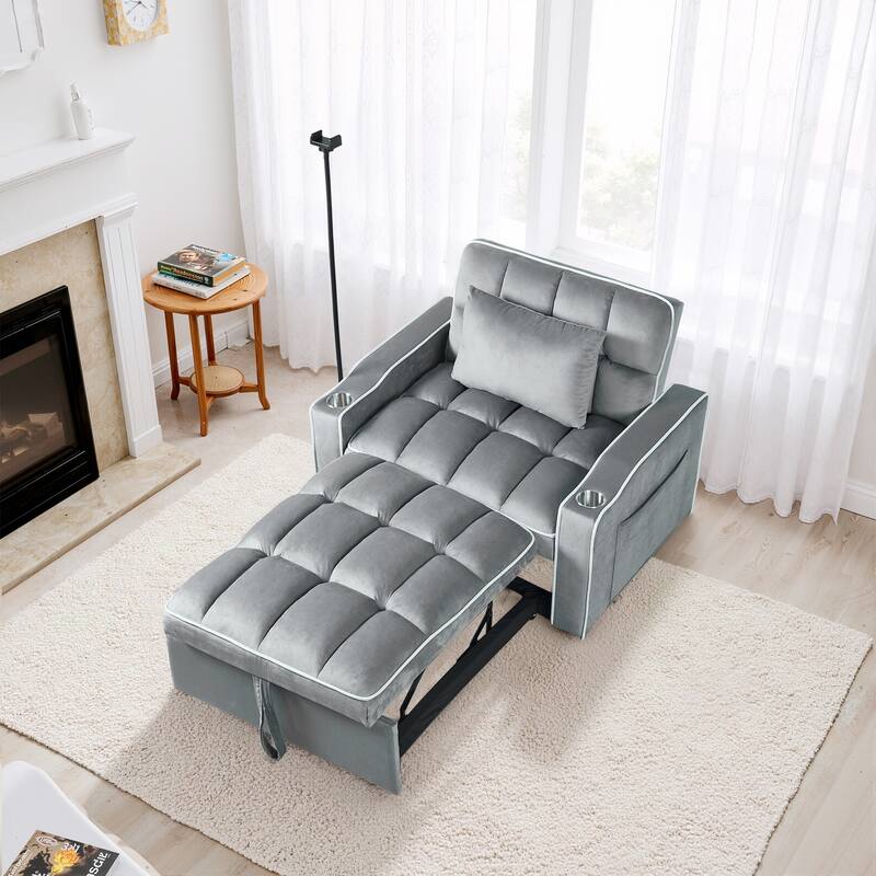 37 in. W 3-in-1 Convertible Chair Bed Suede Pull Out Twin Size Sofa Bed with USB Ports, Cup & Phone Holder - Light Gray