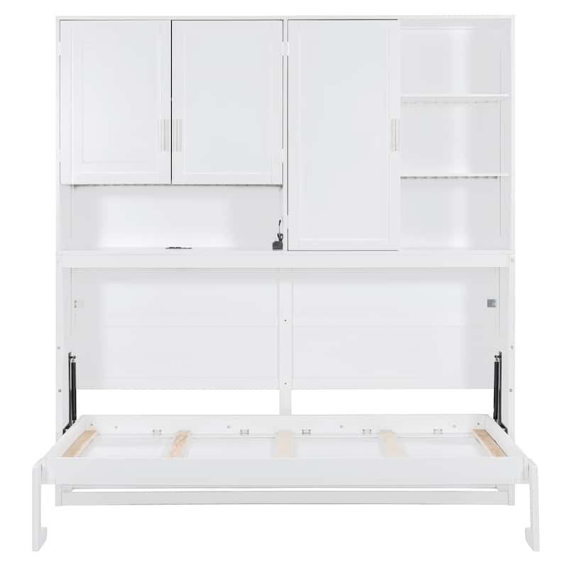 Twin/Full Size Murphy Bed Wall Bed with Top Cabinet, Shelves, Light, USB, and Storage, Space-Saving Foldable Design