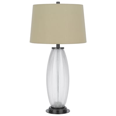 Leno 32 Inch Table Lamp, Leaf Pattern Clear Glass Base, Beige Shade